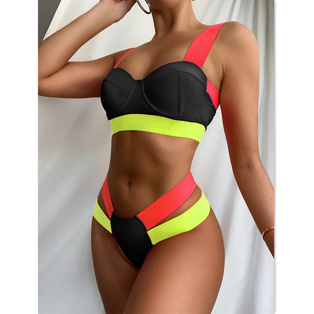 Luxury Women Black Bikini High Waist Swimwear Female 2 Pieces Set Swimsuit Bathing Suit Women Beach Women's High Waisted Bandage Bikini Set Two Piece Push Up Swimsuits Stevvex