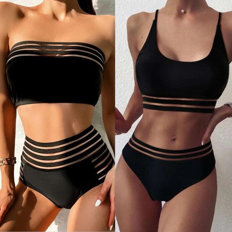Luxury Women Black Bikini High Waist Swimwear Female 2 Pieces Set Swimsuit Bathing Suit Women Beach Women's High Waisted Bandage Bikini Set Two Piece Push Up Swimsuits Stevvex
