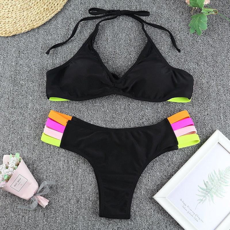 Luxury Women Black Bikini High Waist Swimwear Female 2 Pieces Set Swimsuit Bathing Suit Women Beach Women's High Waisted Bandage Bikini Set Two Piece Push Up Swimsuits Stevvex