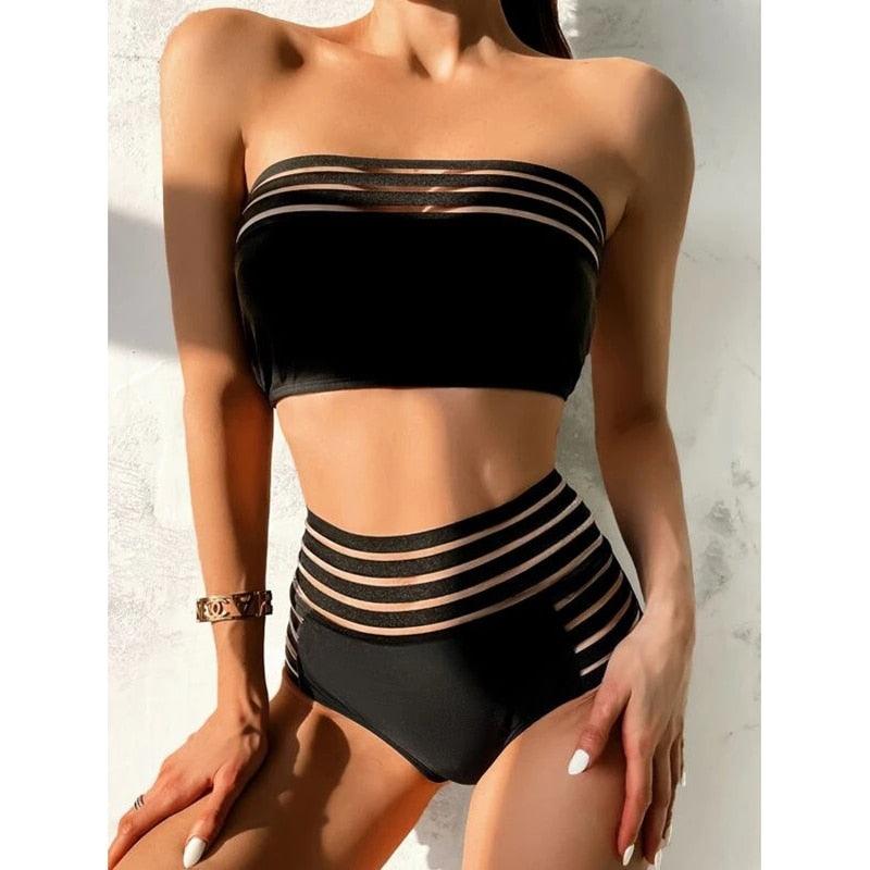 Luxury Women Black Bikini High Waist Swimwear Female 2 Pieces Set Swimsuit Bathing Suit Women Beach Women's High Waisted Bandage Bikini Set Two Piece Push Up Swimsuits Stevvex