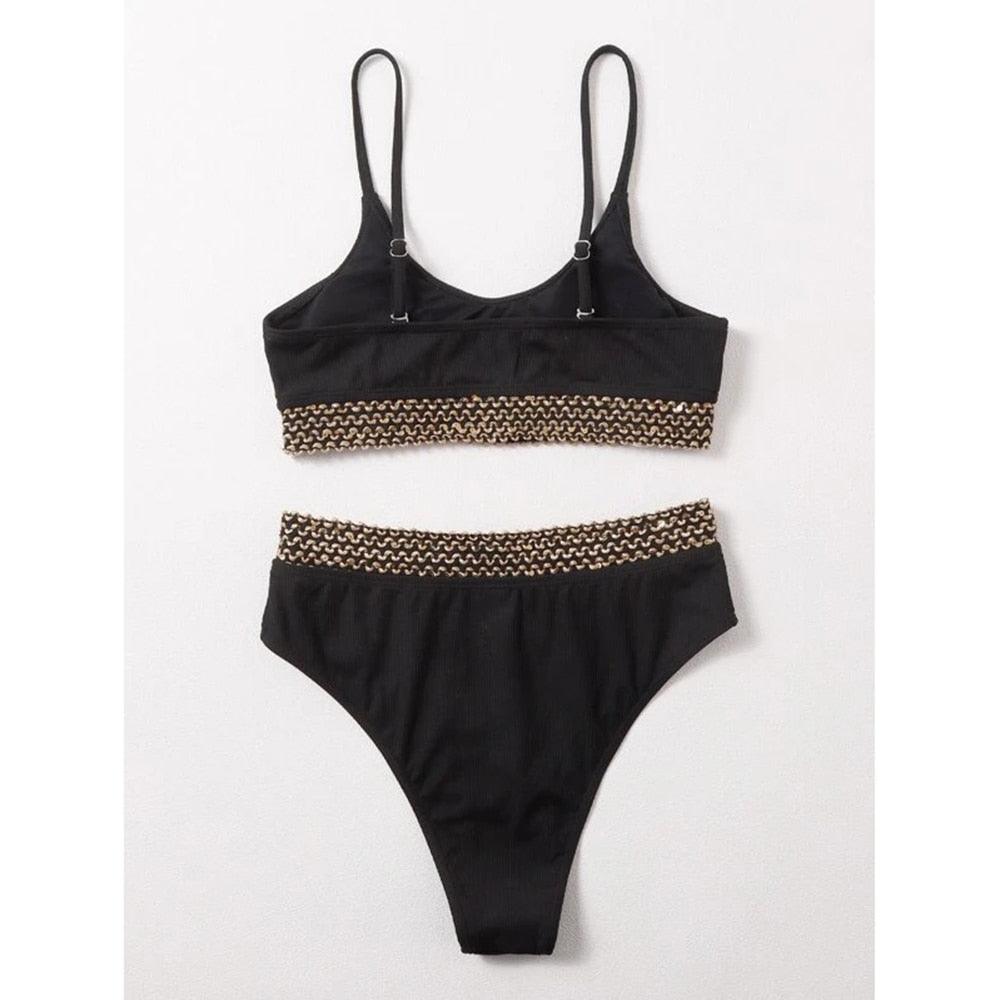 Luxury Women Black Bikini High Waist Swimwear Female 2 Pieces Set Swimsuit Bathing Suit Women Beach Women's High Waisted Bandage Bikini Set Two Piece Push Up Swimsuits Stevvex