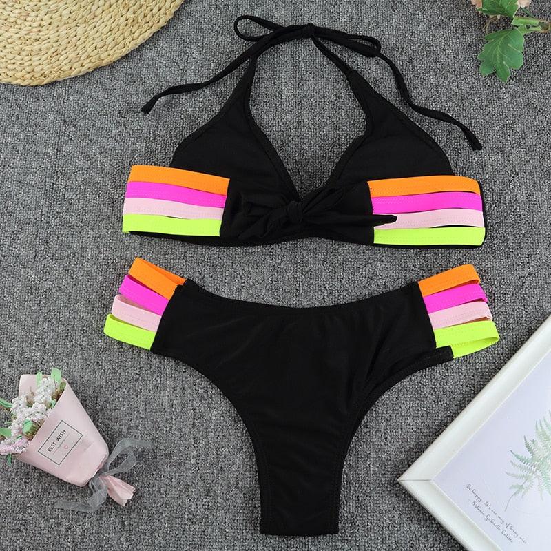 Luxury Women Black Bikini High Waist Swimwear Female 2 Pieces Set Swimsuit Bathing Suit Women Beach Women's High Waisted Bandage Bikini Set Two Piece Push Up Swimsuits Stevvex