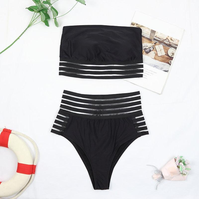 Luxury Women Black Bikini High Waist Swimwear Female 2 Pieces Set Swimsuit Bathing Suit Women Beach Women's High Waisted Bandage Bikini Set Two Piece Push Up Swimsuits Stevvex