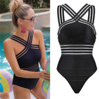 Luxury Women Black Swimsuits Women High Neck One Piece Swimsuits For Women Mesh Bathing Suits Open Back Swimwear One Piece Swimwear For Lady High Neck Bandage Cross Back Swimming Suit Female Holiday Beachwear Stevvex