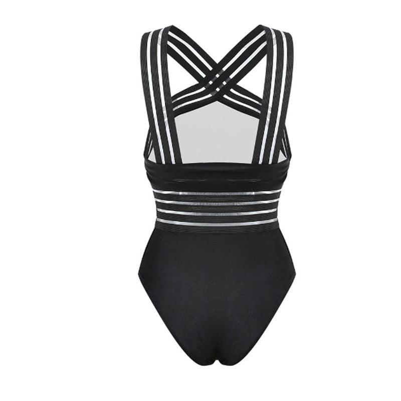Luxury Women Black Swimsuits Women High Neck One Piece Swimsuits For Women Mesh Bathing Suits Open Back Swimwear One Piece Swimwear For Lady High Neck Bandage Cross Back Swimming Suit Female Holiday Beachwear Stevvex