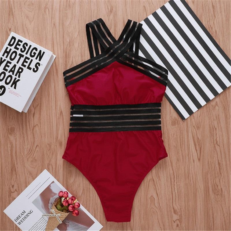 Luxury Women Black Swimsuits Women High Neck One Piece Swimsuits For Women Mesh Bathing Suits Open Back Swimwear One Piece Swimwear For Lady High Neck Bandage Cross Back Swimming Suit Female Holiday Beachwear Stevvex
