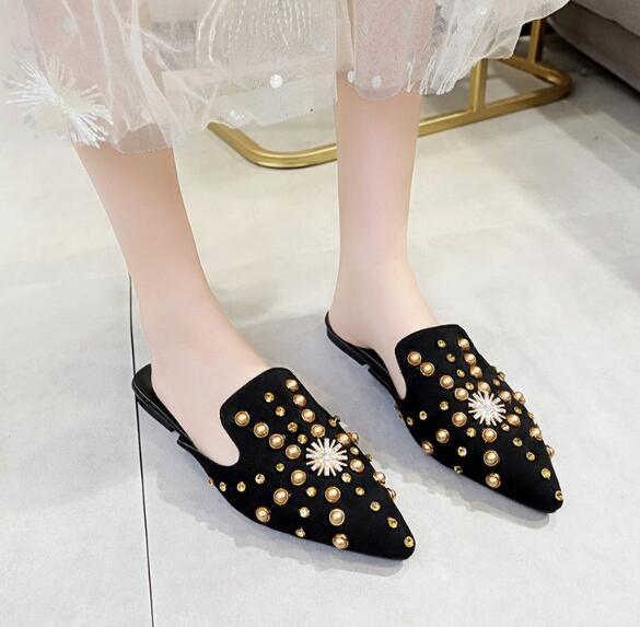 Luxury Women Mules Ladies Summer Slippers Women Shoes New Low Heels Flat Casual Shoes Woman Flip Flops Mules For Women Slip On Flats Loafers Pointed Toe Womens Mules Stevvex