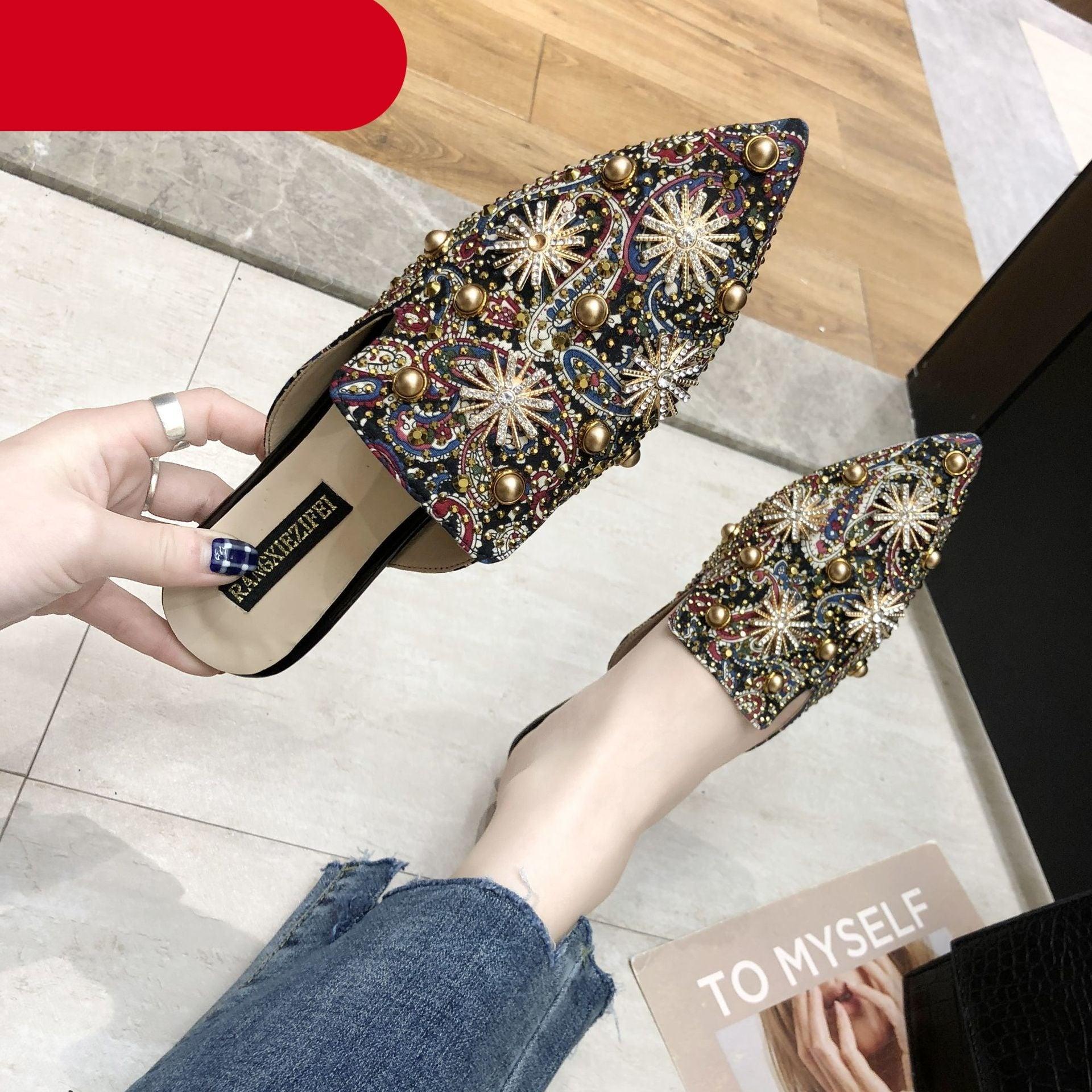 Luxury Women Mules Ladies Summer Slippers Women Shoes New Low Heels Flat Casual Shoes Woman Flip Flops Mules For Women Slip On Flats Loafers Pointed Toe Womens Mules Stevvex