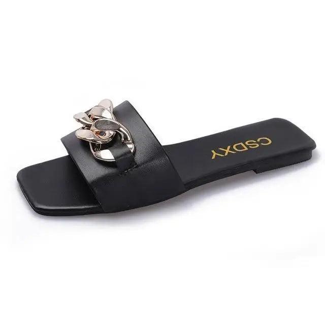 Luxury Women Summer Slipper Square Toe Chain Slippers Fashion Open Toe Metal Chain Beach Shopping Party Flip Flops For Women Stevvex