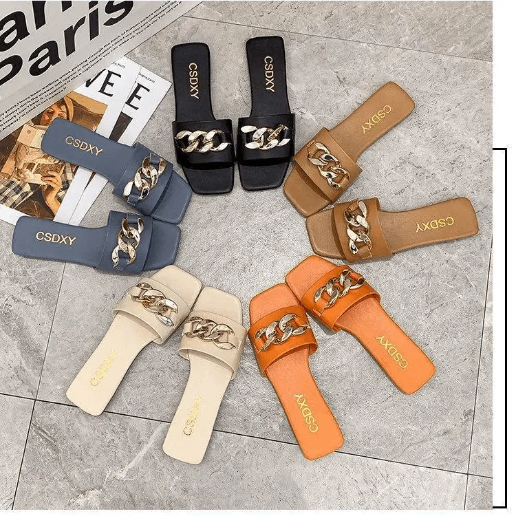 Luxury Women Summer Slipper Square Toe Chain Slippers Fashion Open Toe Metal Chain Beach Shopping Party Flip Flops For Women Stevvex