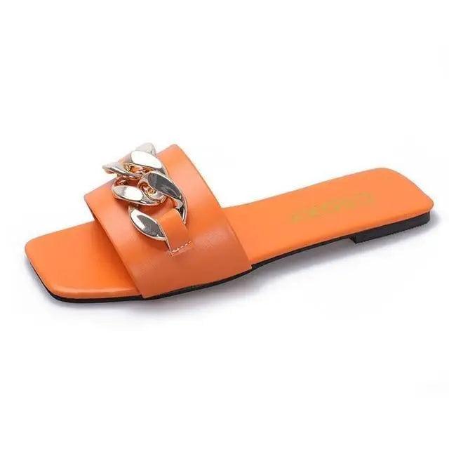 Luxury Women Summer Slipper Square Toe Chain Slippers Fashion Open Toe Metal Chain Beach Shopping Party Flip Flops For Women Stevvex