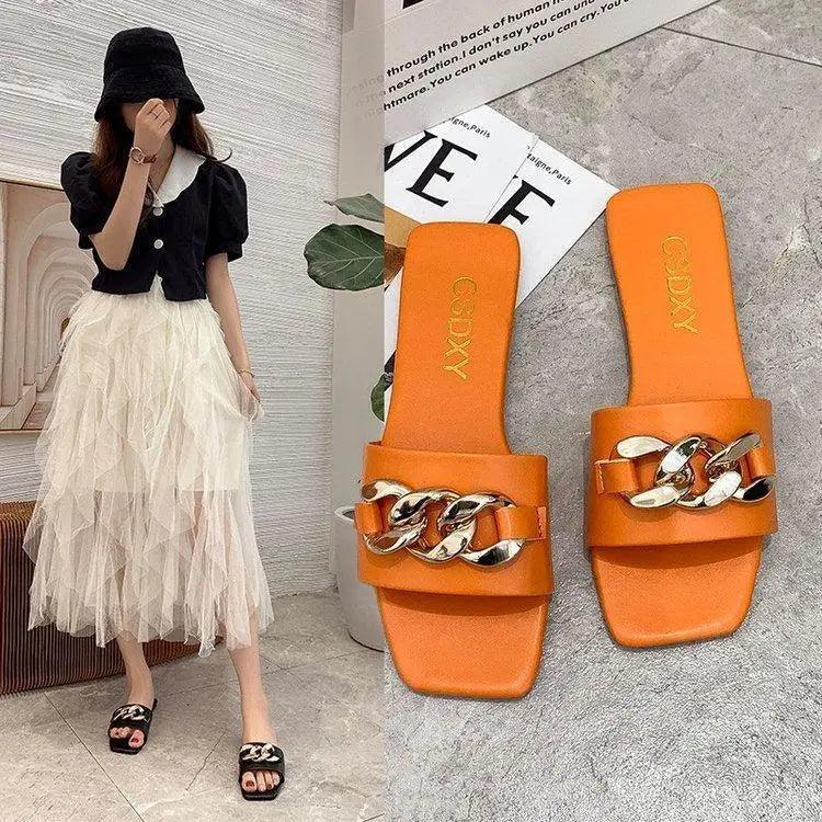 Luxury Women Summer Slipper Square Toe Chain Slippers Fashion Open Toe Metal Chain Beach Shopping Party Flip Flops For Women Stevvex