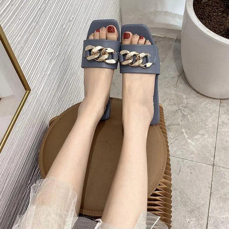 Luxury Women Summer Slipper Square Toe Chain Slippers Fashion Open Toe Metal Chain Beach Shopping Party Flip Flops For Women Stevvex