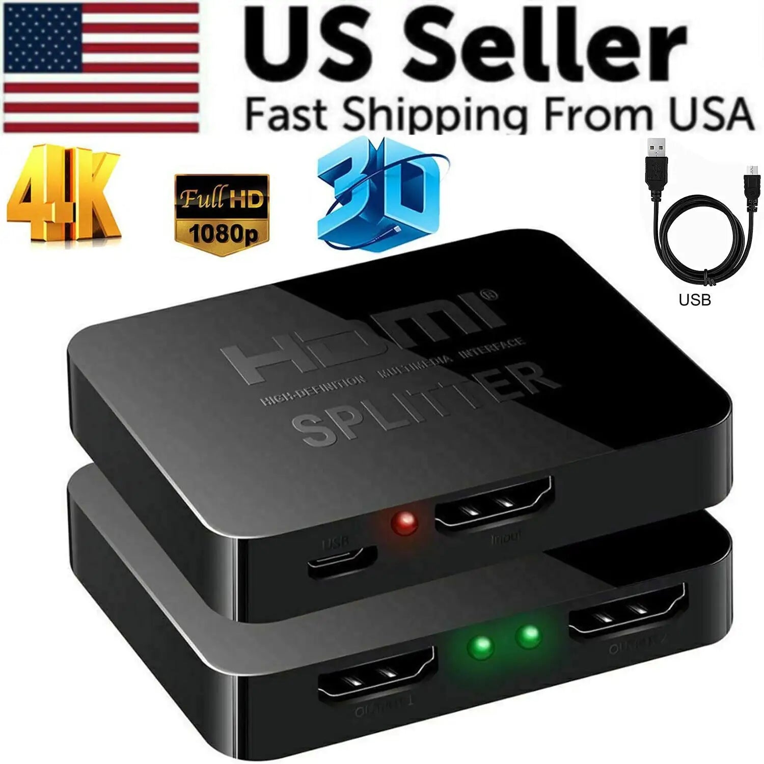 HDMI Splitter 1 In 2 Out 4K HDMI Splitter 1 To 2 Amplifier For Full HD 1080P 3D Pi-Mart