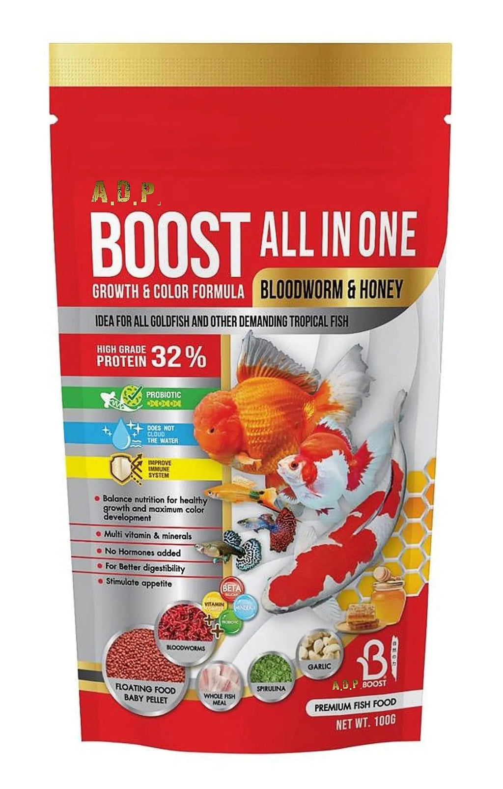 A.D.P. Fish Booster Bloodworm Honey 100 g. Goldfish Food & All Tropical Fish Food Small Floating Pellet Grow Faster & Color Enhancing High Protein 32% Aquarium Baby Fish Newborn Fry Fish Feed Care Lootquake LLC