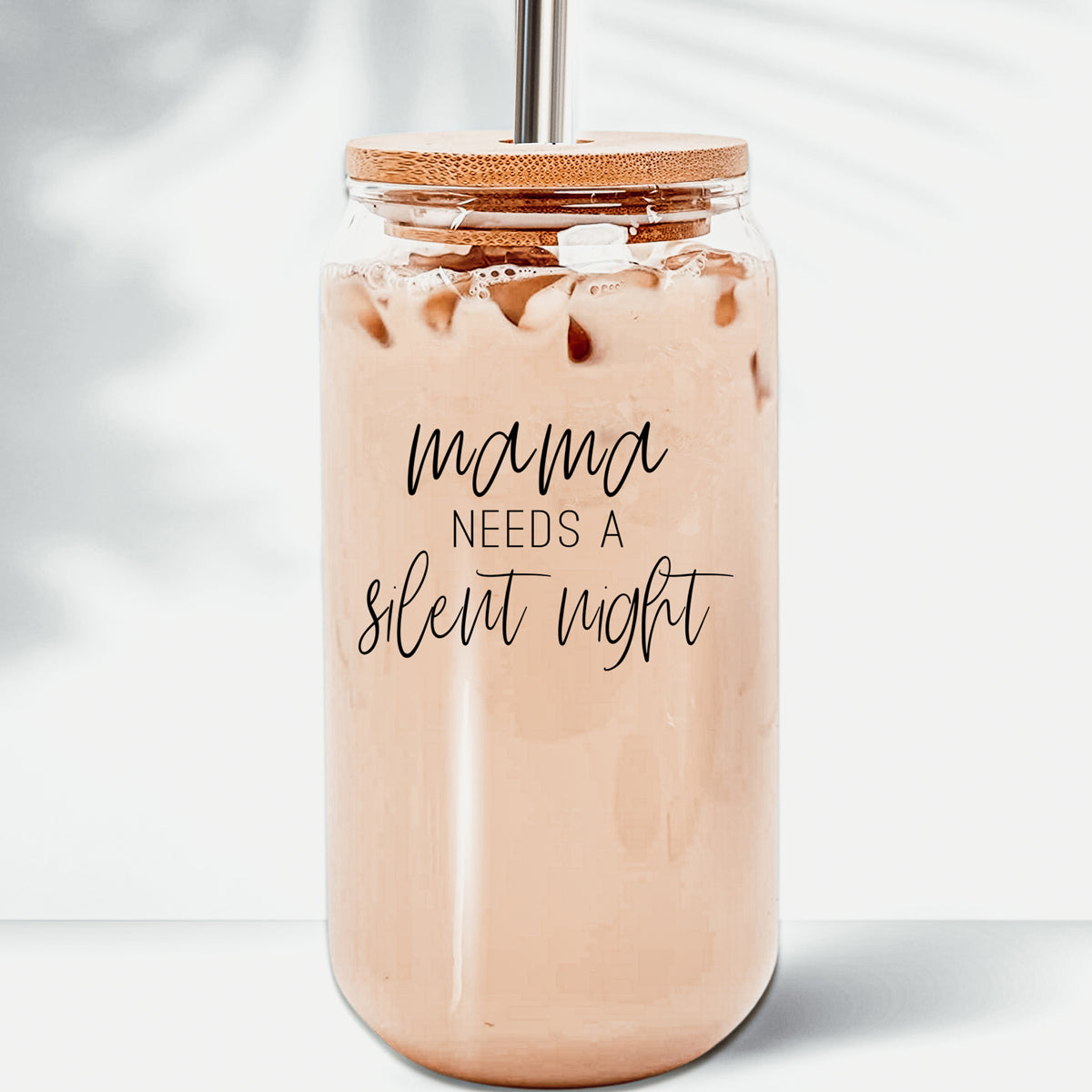 Silent Night 17oz Glass Tumbler With Bamboo Lid, 2 Stainless Straws and Cleaner BandsCo Straps