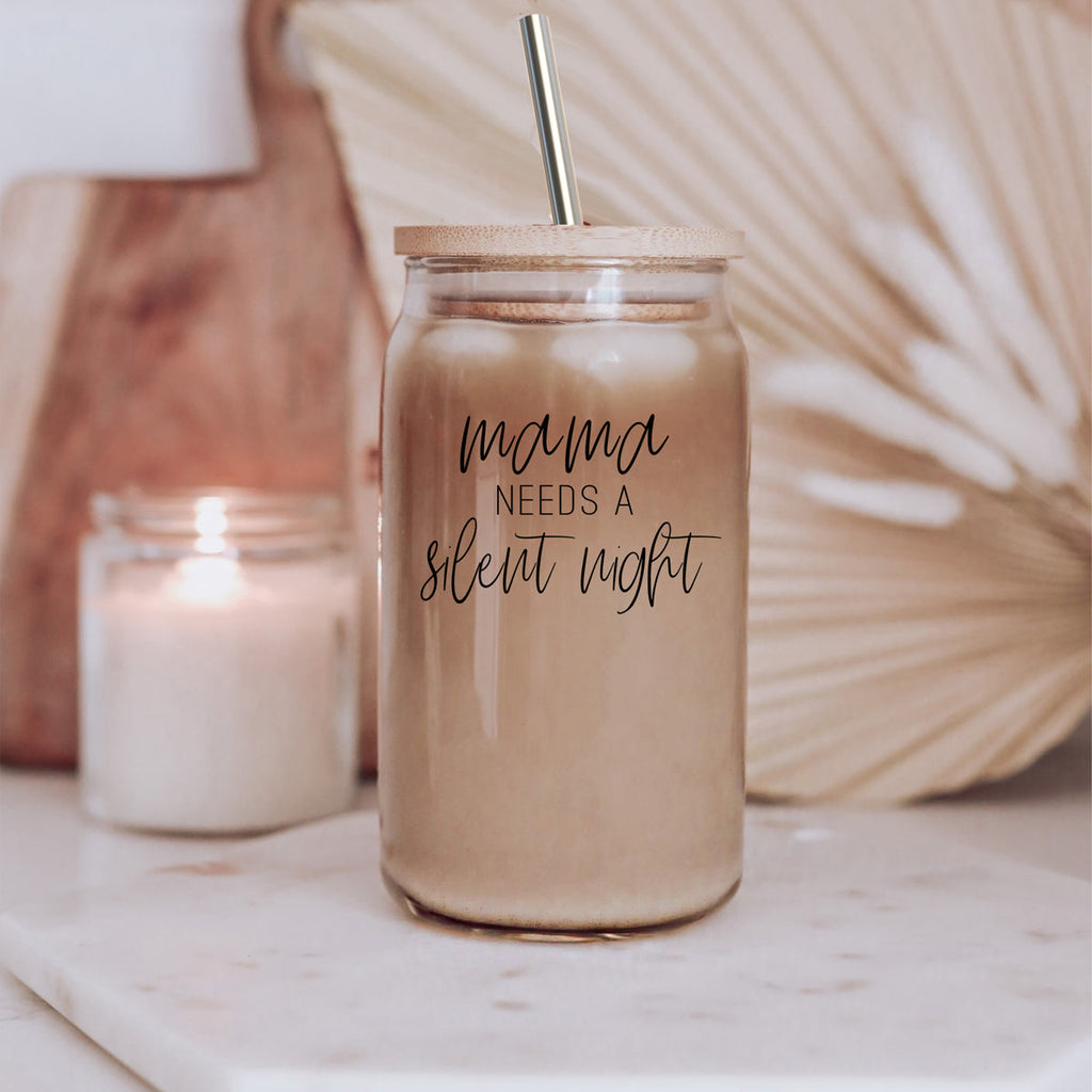 Silent Night 17oz Glass Tumbler With Bamboo Lid, 2 Stainless Straws and Cleaner BandsCo Straps