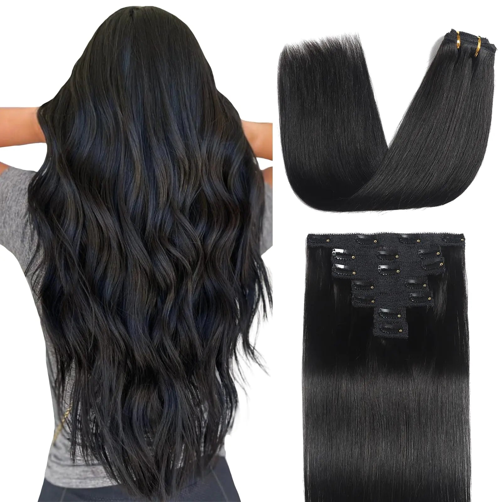 Sisily Clip in Hair Extensions Real Human Hair 24 Inch Premium Human Hair Clip in Extensions Natural Black Soft Straight Hair Extensions Real Human Hair Clip ins 7PCS Double Weft（24 Inch #1B） Pi-Mart