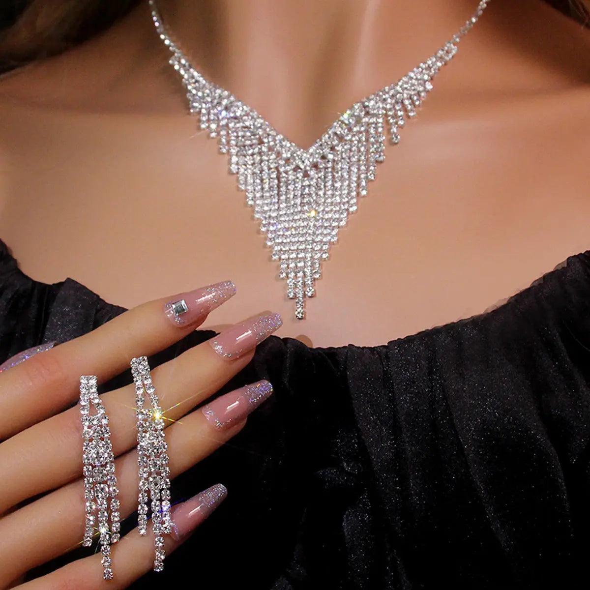MAC047 Rhinestone Crystal angle Earring Fringe Chain Necklaces Sets - SJB-DIAMOND ELITES