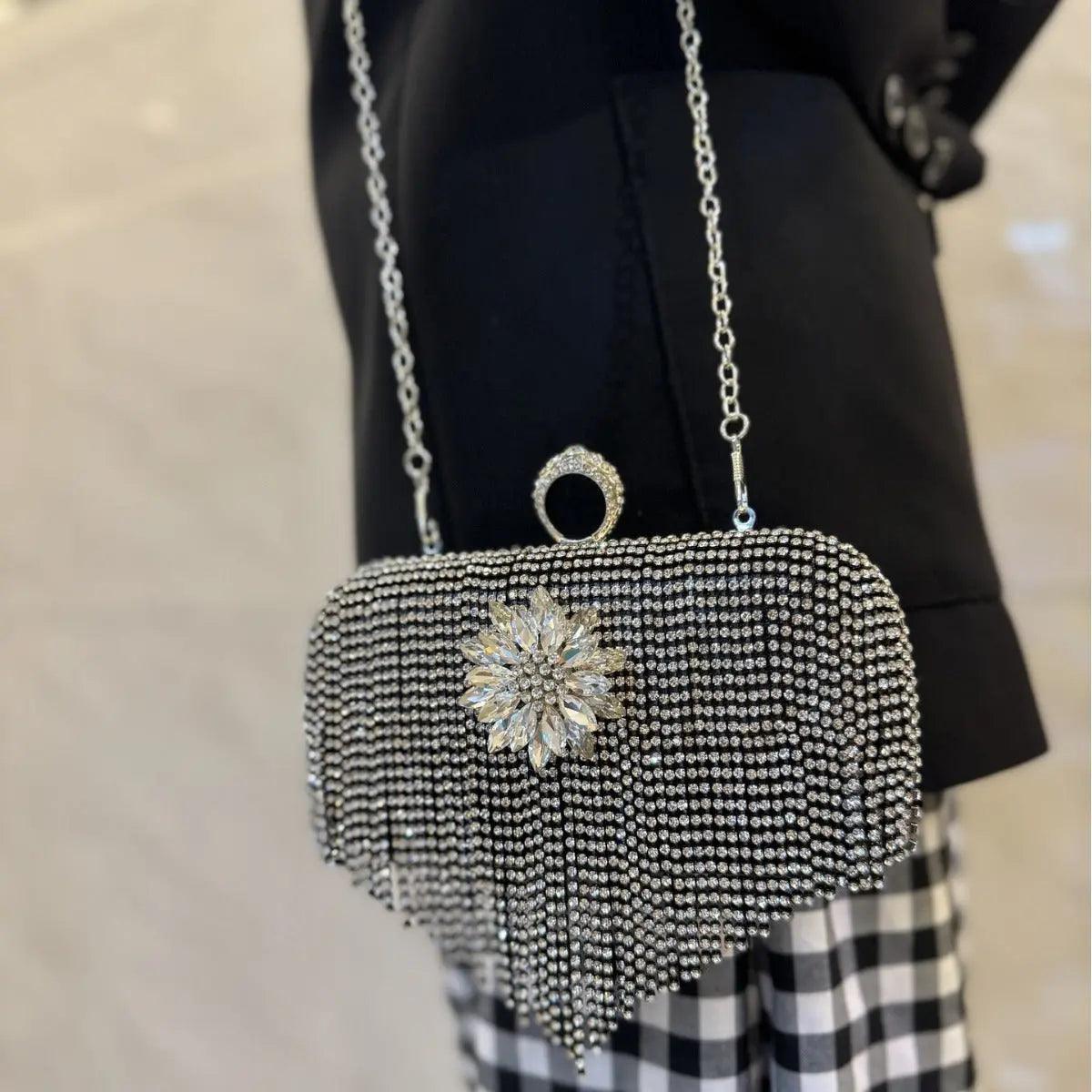 MAC056 Tassel Evening Clutch Bag Luxury Rhinestones Party Prom Purse Handbag With Detachable Chain - SJB-DIAMOND ELITES