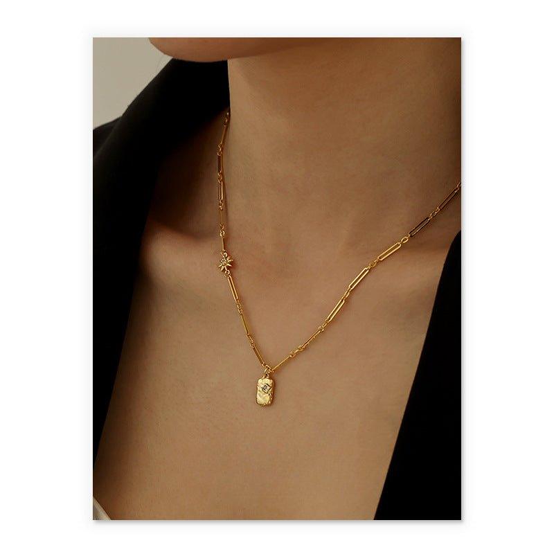Brass Plated 18K Real Gold Light Luxury Style Zircon Inlaid Square Pendant Necklace(MAC073) - SJB-DIAMOND ELITES