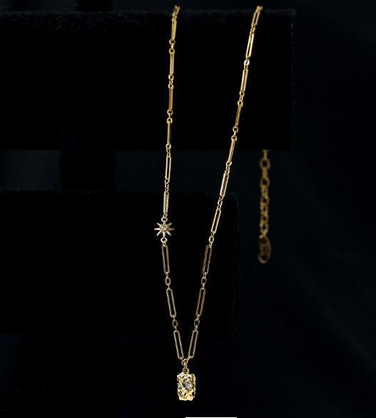 Brass Plated 18K Real Gold Light Luxury Style Zircon Inlaid Square Pendant Necklace(MAC073) - SJB-DIAMOND ELITES