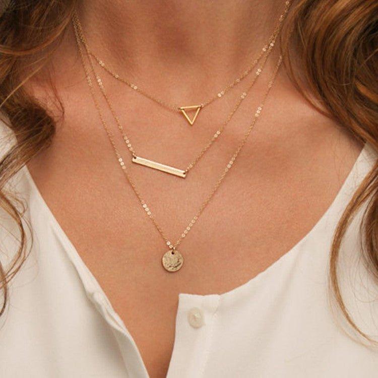 MAC090 Multi-layered Hollow Tiangular Sequin Long Round Pendant Necklace - SJB-DIAMOND ELITES