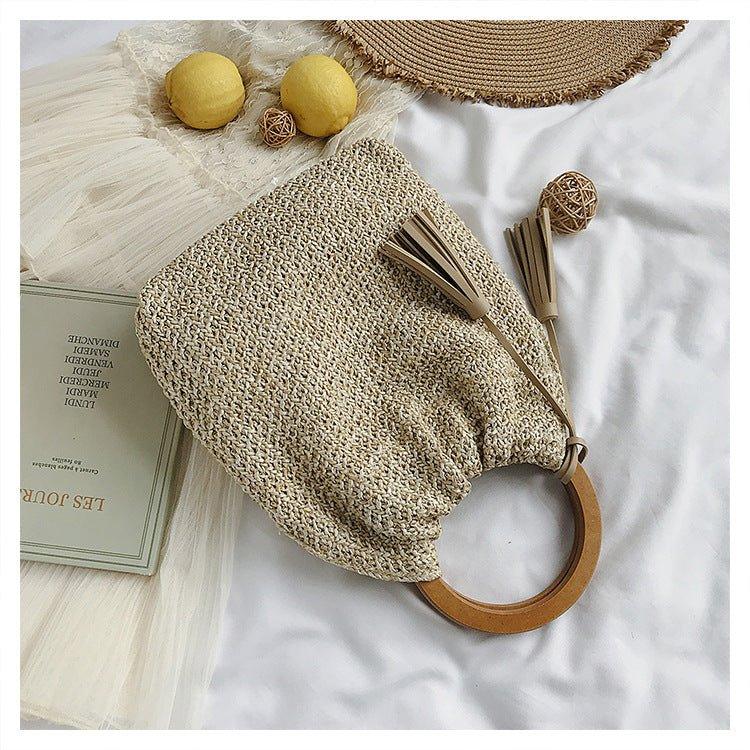 MAC132 Fashionable Straw Simple Beach Tassel Bucket Bag - SJB-DIAMOND ELITES