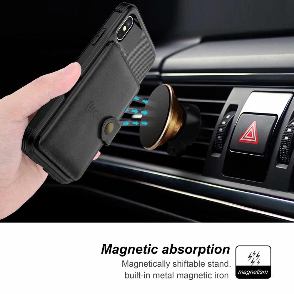 Magnetic Black Leather Wallet Case for iPhone 14 13 11 12 Case Armor Shockproof Card Holder Wallet Flip Cover Buckle Cash Card Sleeve Leather Protective Kickstand Durable High Capacity Phone Case Stevvex