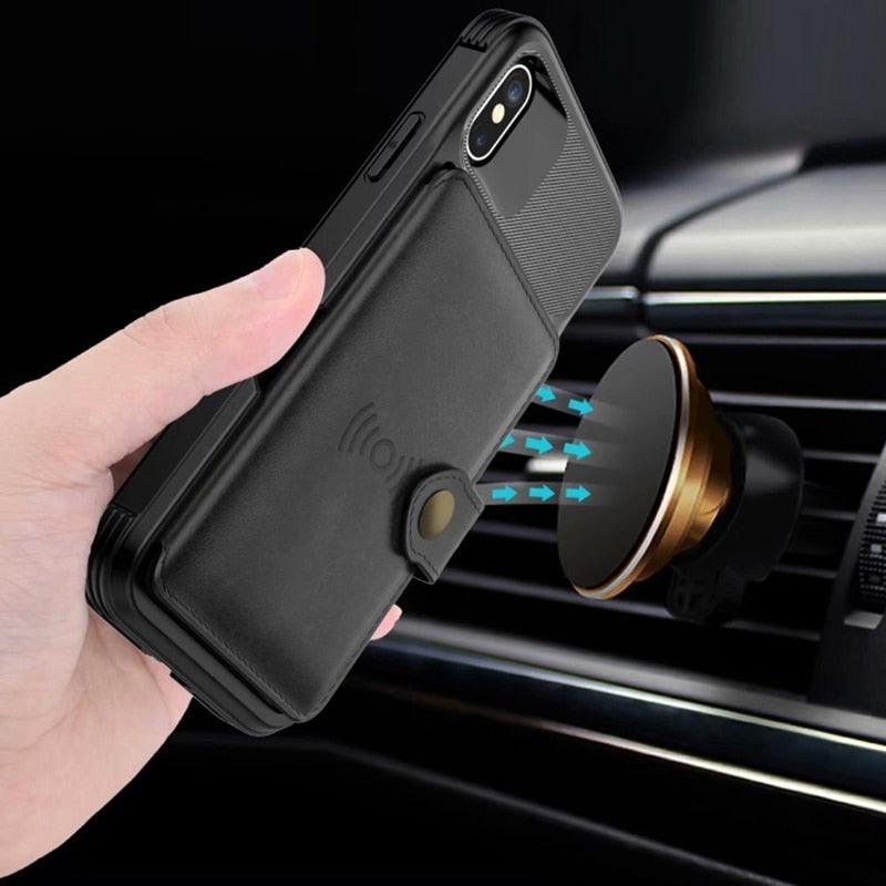 Magnetic Black Leather Wallet Case for iPhone 14 13 11 12 Case Armor Shockproof Card Holder Wallet Flip Cover Buckle Cash Card Sleeve Leather Protective Kickstand Durable High Capacity Phone Case Stevvex