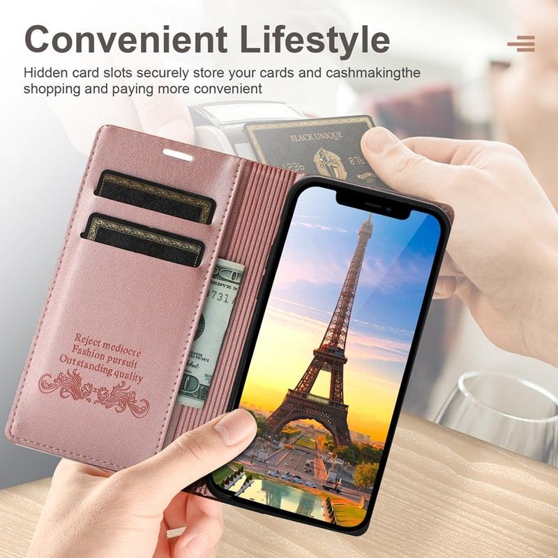 Magnetic Flip Leather Card Slot Wallet Case for iPhone 14 13 12 11 Pro Max Flip Invisible Magnetic Elegant Retro Phone Case Premium Leather PU Soft Flip Cover For iPhone Stevvex