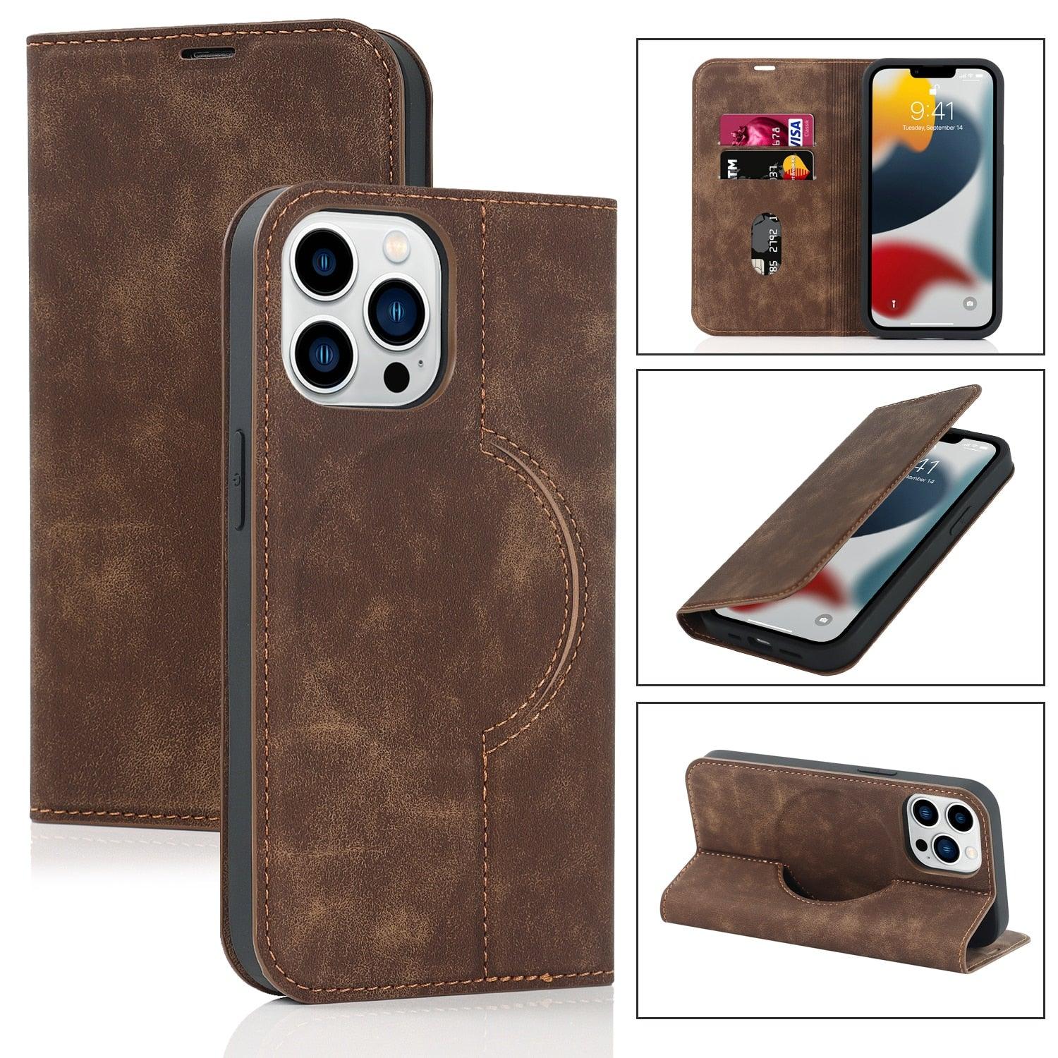 Magnetic Leather Wallet Phone Cover for iPhone 14 Plus 13 Pro Max 12 Mini for Wireless Charging Kickstand Card Case Magnetic Flip PU Leather Phone Case with Card Holder Slots Kickstand Shockproof Case Stevvex