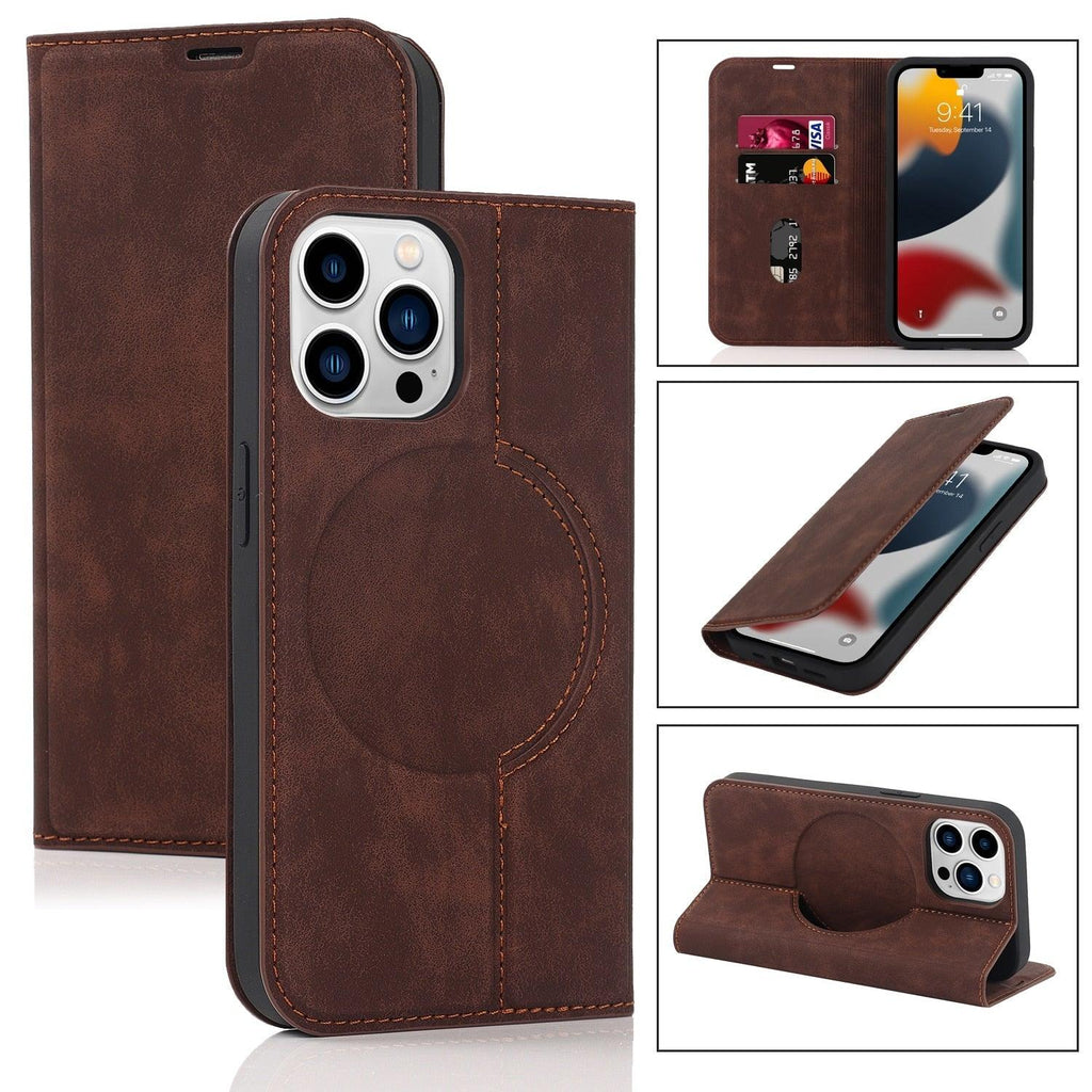 Magnetic Leather Wallet Phone Cover for iPhone 14 Plus 13 Pro Max 12 Mini for Wireless Charging Kickstand Card Case Magnetic Flip PU Leather Phone Case with Card Holder Slots Kickstand Shockproof Case Stevvex