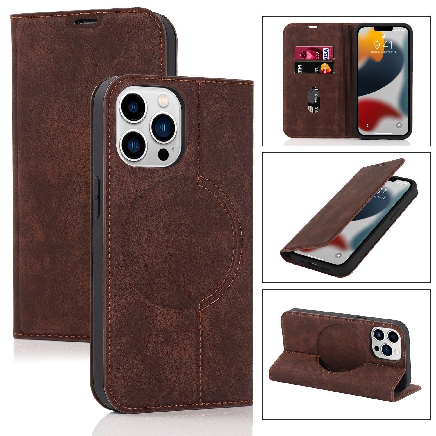 Magnetic Leather Wallet Phone Cover for iPhone 14 Plus 13 Pro Max 12 Mini for Wireless Charging Kickstand Card Case Magnetic Flip PU Leather Phone Case with Card Holder Slots Kickstand Shockproof Case Stevvex