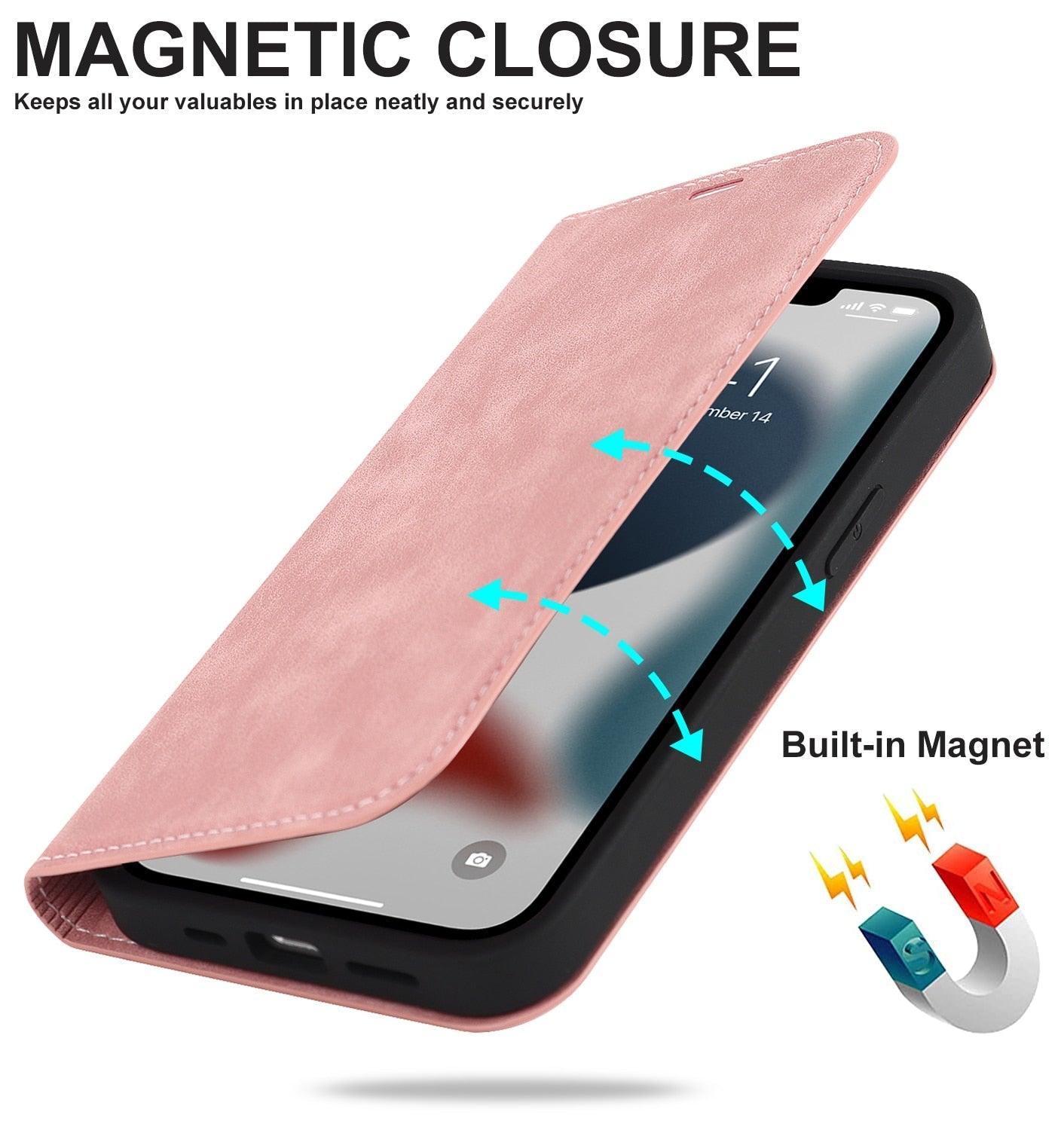 Magnetic Leather Wallet Phone Cover for iPhone 14 Plus 13 Pro Max 12 Mini for Wireless Charging Kickstand Card Case Magnetic Flip PU Leather Phone Case with Card Holder Slots Kickstand Shockproof Case Stevvex
