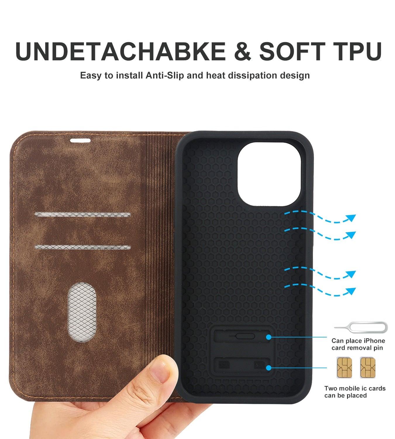 Magnetic Leather Wallet Phone Cover for iPhone 14 Plus 13 Pro Max 12 Mini for Wireless Charging Kickstand Card Case Magnetic Flip PU Leather Phone Case with Card Holder Slots Kickstand Shockproof Case Stevvex