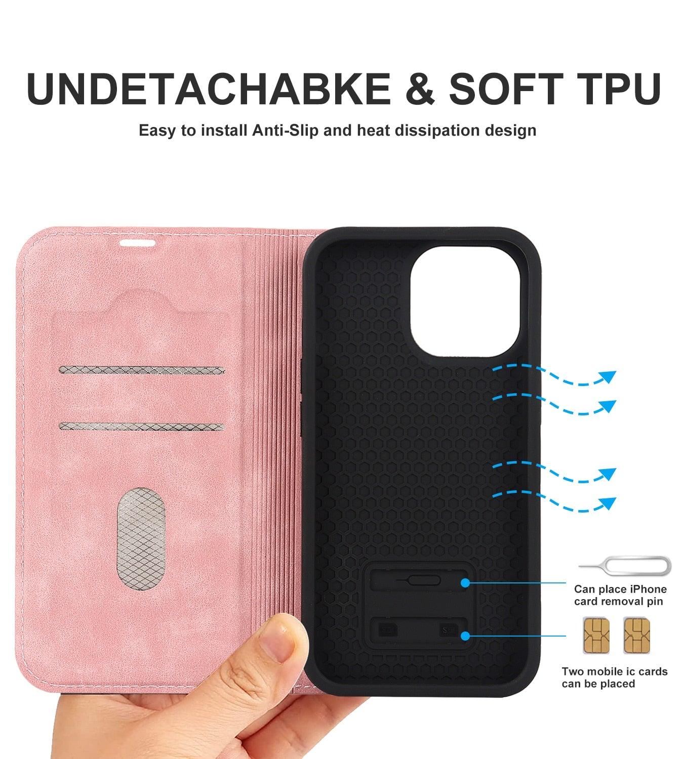 Magnetic Leather Wallet Phone Cover for iPhone 14 Plus 13 Pro Max 12 Mini for Wireless Charging Kickstand Card Case Magnetic Flip PU Leather Phone Case with Card Holder Slots Kickstand Shockproof Case Stevvex