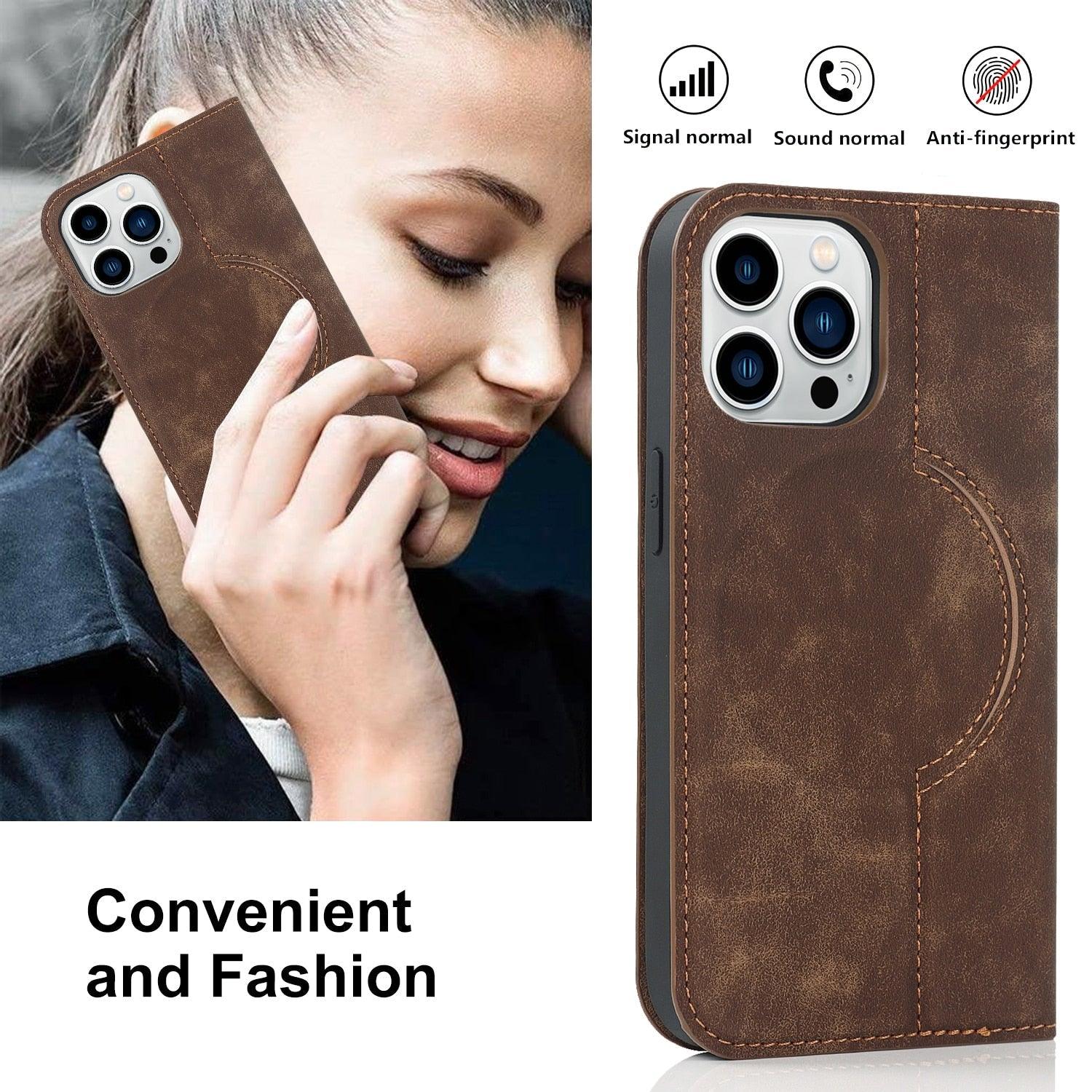 Magnetic Leather Wallet Phone Cover for iPhone 14 Plus 13 Pro Max 12 Mini for Wireless Charging Kickstand Card Case Magnetic Flip PU Leather Phone Case with Card Holder Slots Kickstand Shockproof Case Stevvex