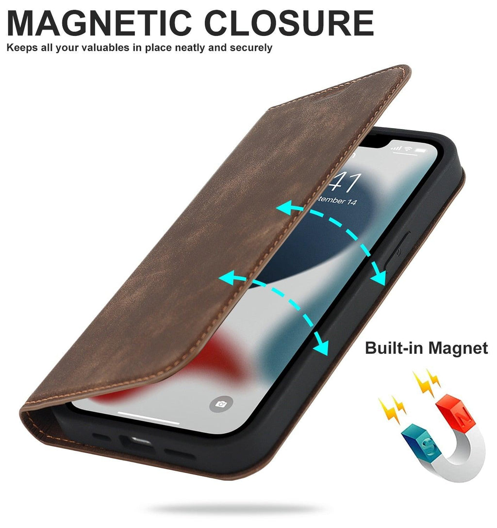 Magnetic Leather Wallet Phone Cover for iPhone 14 Plus 13 Pro Max 12 Mini for Wireless Charging Kickstand Card Case Magnetic Flip PU Leather Phone Case with Card Holder Slots Kickstand Shockproof Case Stevvex