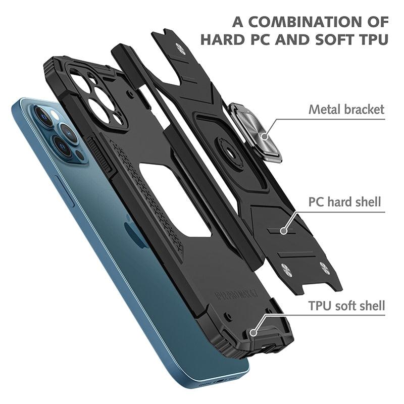 Magnetic Metal Ring Stand Holder Phone Case Cover For iPhone 11 12 13 14 Pro Max Xs XR X 8 7 6 6s Plus Rotating Ring Kickstand Fit Magnetic Car Mount Heavy Duty Dual Layer Shockproof Phone Case Stevvex