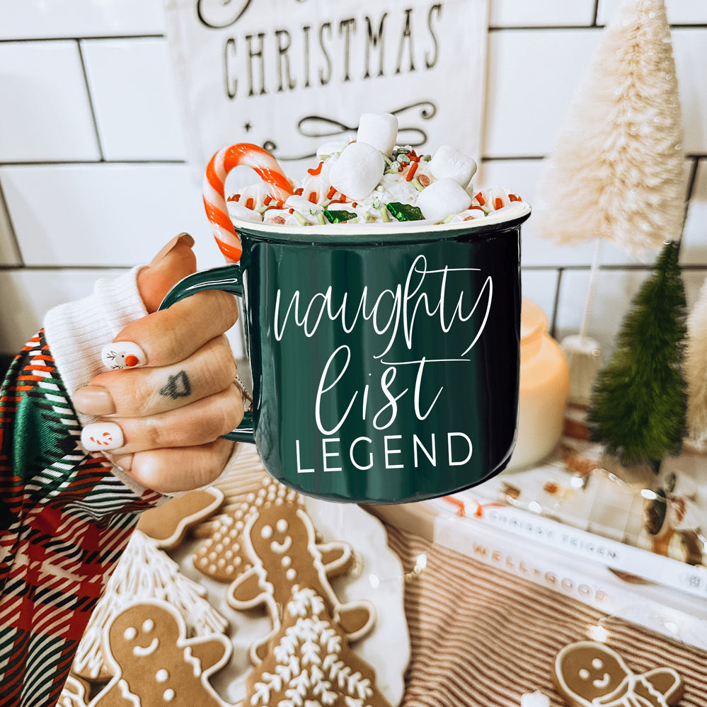 Naughty Legend Christmas Mug 14.5oz Ceramic Campfire Style Red Or Green Holiday Coffee Cup BandsCo Straps