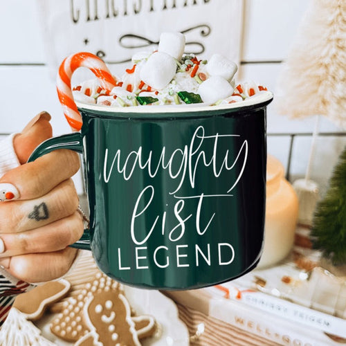 Naughty Legend Christmas Mug 14.5oz Ceramic Campfire Style Red Or Green Holiday Coffee Cup BandsCo Straps
