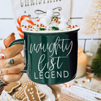 Naughty Legend Christmas Mug 14.5oz Ceramic Campfire Style Red Or Green Holiday Coffee Cup BandsCo Straps