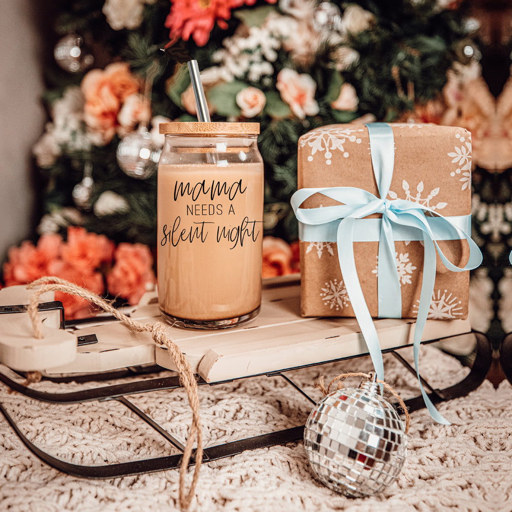 Silent Night 17oz Glass Tumbler With Bamboo Lid, 2 Stainless Straws and Cleaner BandsCo Straps