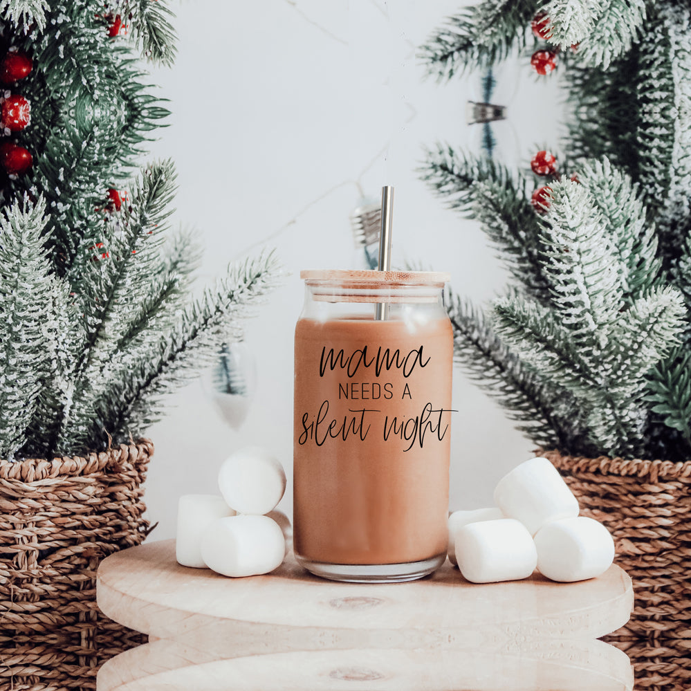 Silent Night 17oz Glass Tumbler With Bamboo Lid, 2 Stainless Straws and Cleaner BandsCo Straps