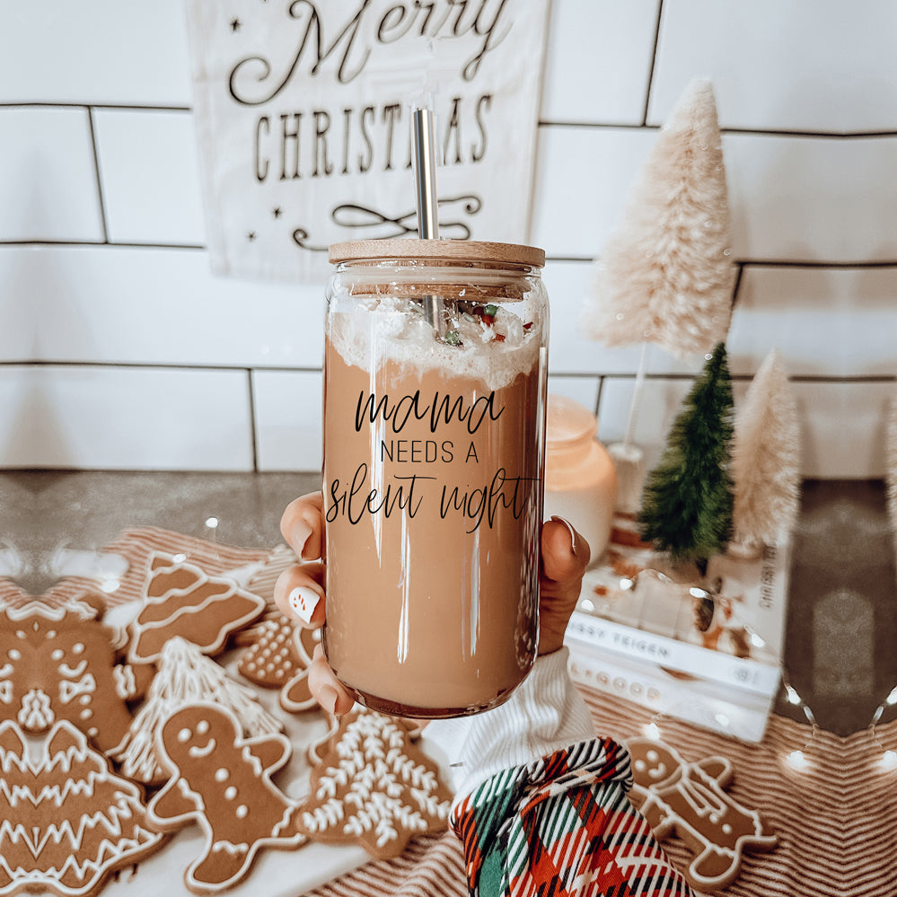 Silent Night 17oz Glass Tumbler With Bamboo Lid, 2 Stainless Straws and Cleaner BandsCo Straps