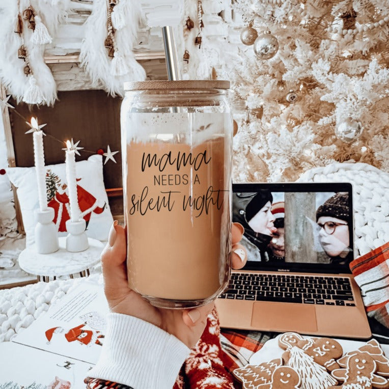 Silent Night 17oz Glass Tumbler With Bamboo Lid, 2 Stainless Straws and Cleaner BandsCo Straps