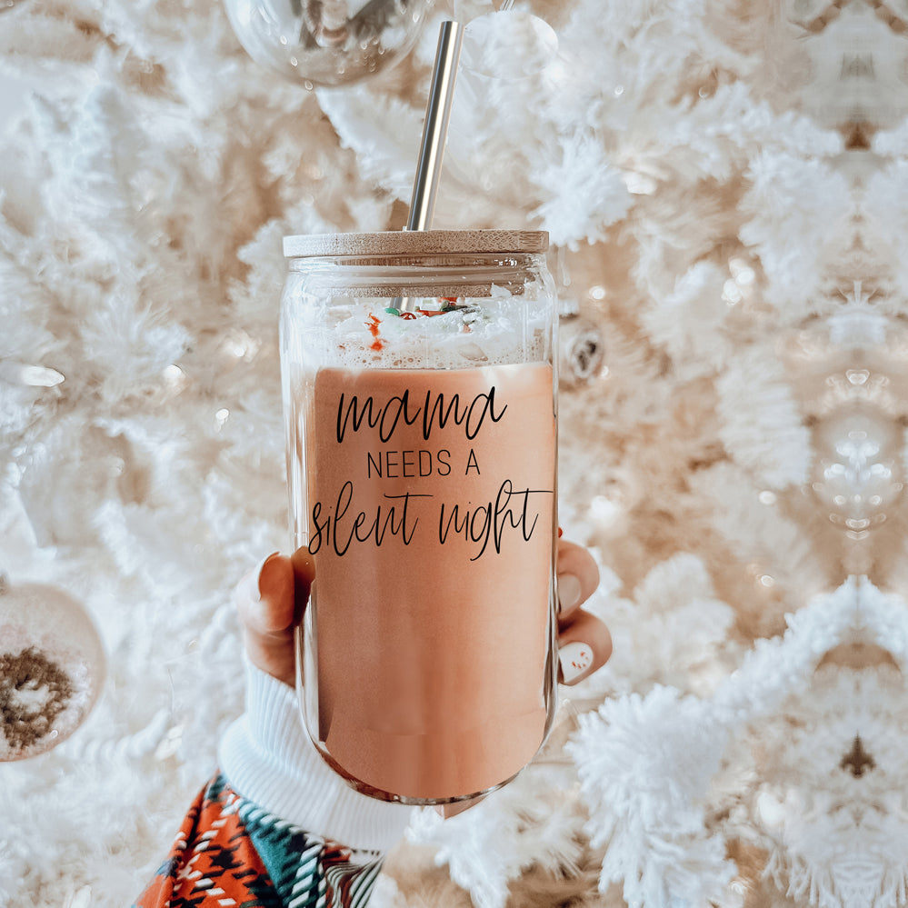 Silent Night 17oz Glass Tumbler With Bamboo Lid, 2 Stainless Straws and Cleaner BandsCo Straps