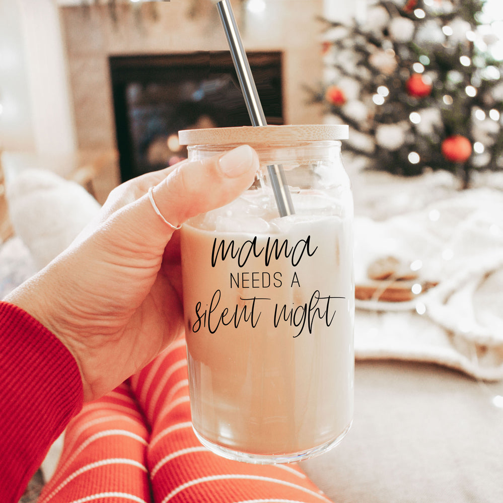 Silent Night 17oz Glass Tumbler With Bamboo Lid, 2 Stainless Straws and Cleaner BandsCo Straps