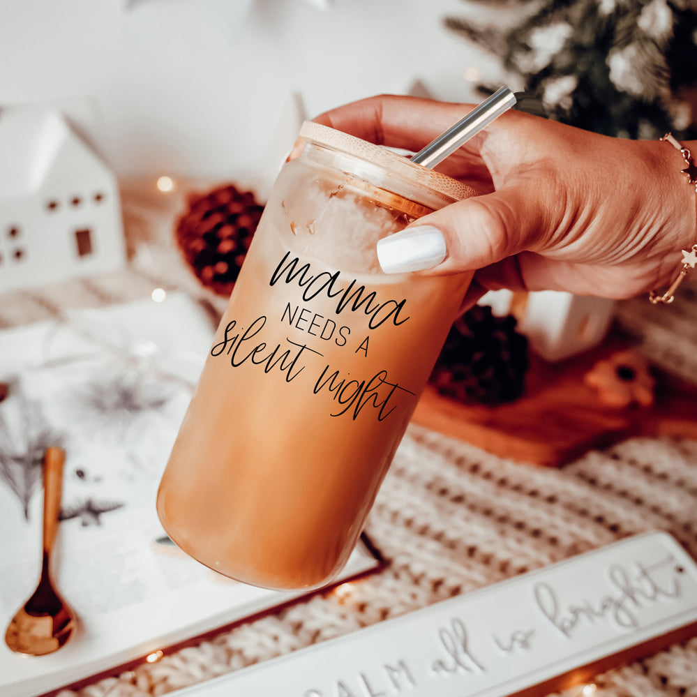 Silent Night 17oz Glass Tumbler With Bamboo Lid, 2 Stainless Straws and Cleaner BandsCo Straps